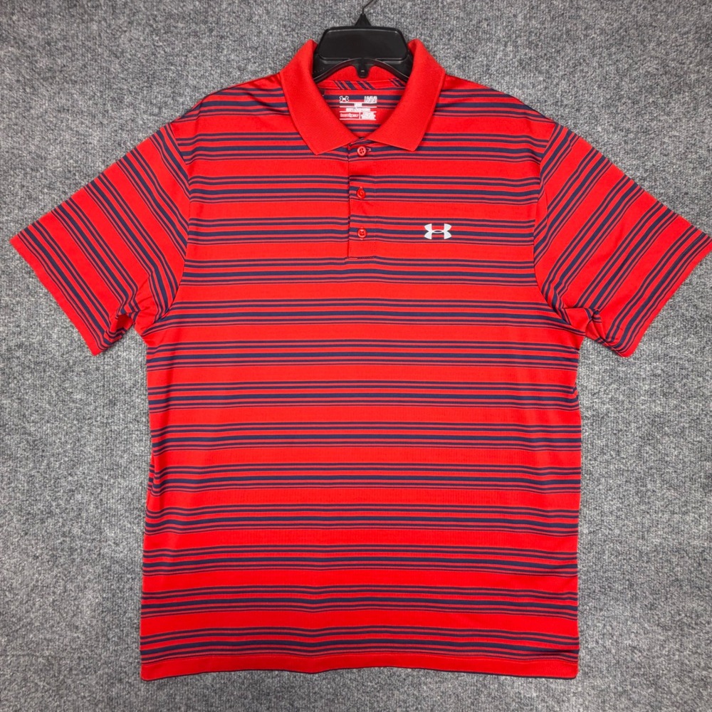 Under Armour HeatGear Mens Large Red‎ Navy Blue Striped Loose Fit Polo Shirt